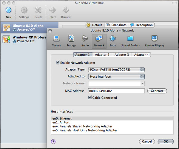 「VirtualBox 2.0」、Mac OS X版におけるインターフェイス