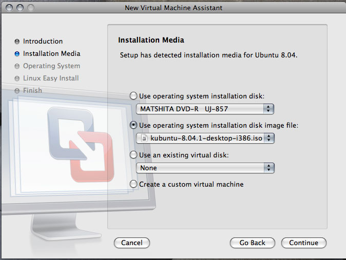 「New Virtual Machine Assistant」における「Installation Media」ステップ